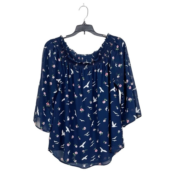 Rose + Olive Off Shoulder Blue Bird Floral Print Top Smocked 3/4 Sleeve Size M - Picture 1 of 6